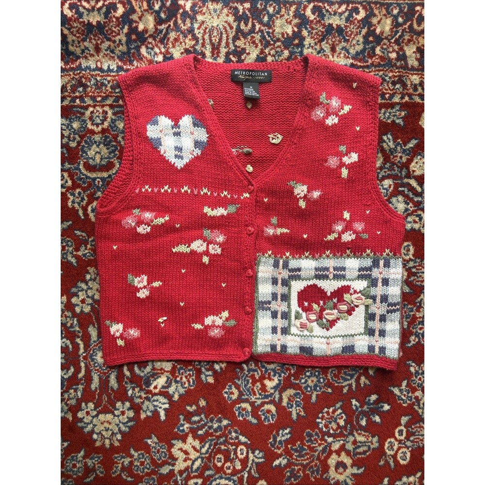 METROPOLITAN NewYork 10001 Women's Crochet knit red sweater vest Size Medium